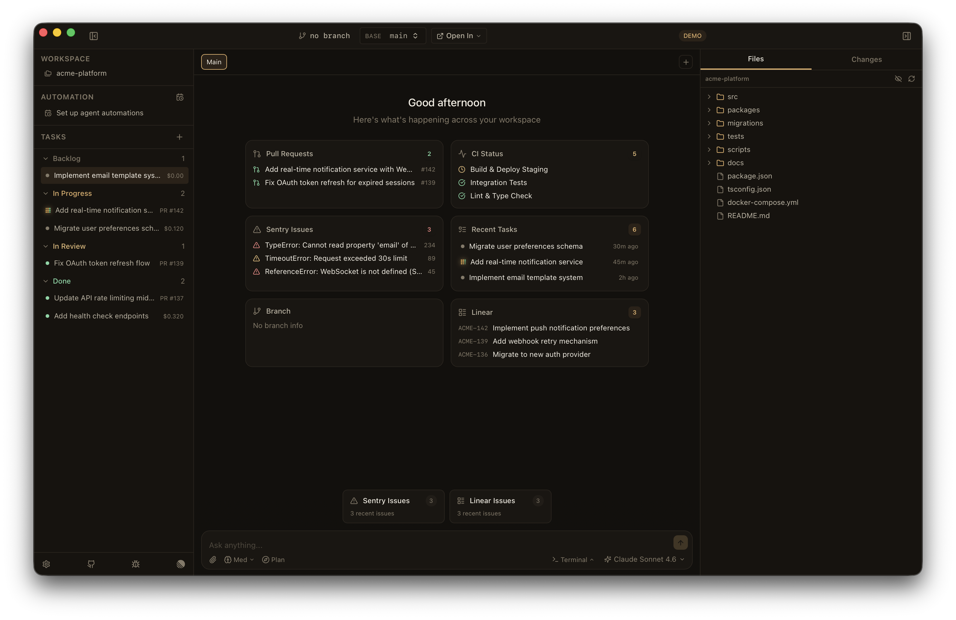 Synq AI coding workspace — three-pane interface showing task lanes, agent conversation, and changed files